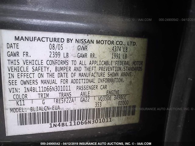 1N4BL11D66N301011 - 2006 NISSAN ALTIMA SE/SL/SE-R GRAY photo 9