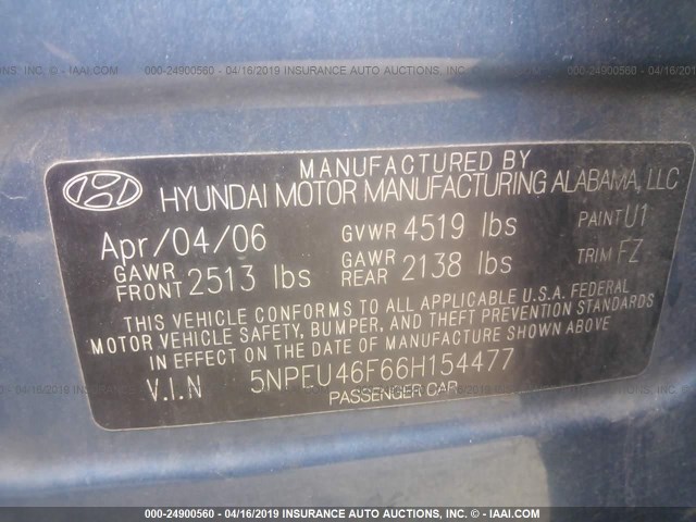 5NPEU46F66H154477 - 2006 HYUNDAI SONATA GLS/LX BLUE photo 9