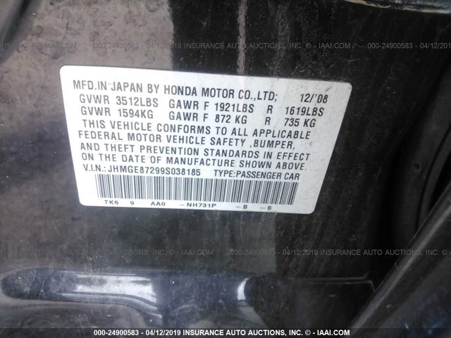 JHMGE87299S038185 - 2009 HONDA FIT BLACK photo 9