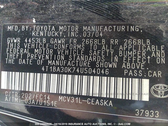 4T1BA30K74U504046 - 2004 TOYOTA CAMRY SE BLACK photo 9