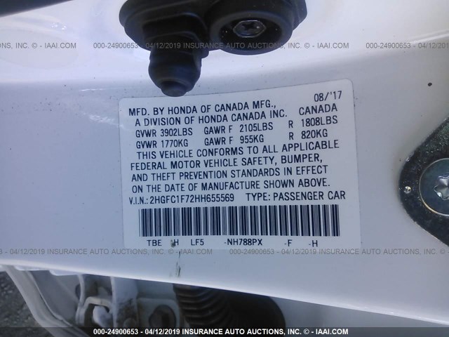 2HGFC1F72HH655569 - 2017 HONDA CIVIC EXL WHITE photo 9