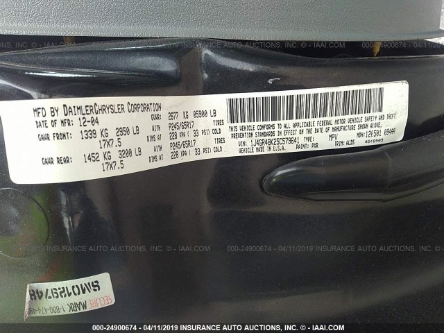 1J4GR48K25C579641 - 2005 JEEP GRAND CHEROKEE LAREDO/COLUMBIA/FREEDOM 黑色 照片 9