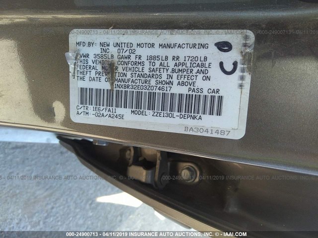 1NXBR32E03Z074617 - 2003 TOYOTA COROLLA CE/LE/S GRAY photo 9