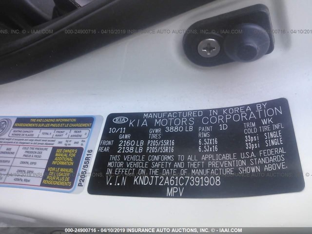 KNDJT2A61C7391908 - 2012 KIA SOUL +/!/SPORT WHITE photo 9