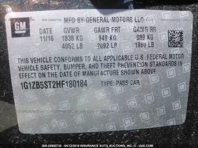 1G1ZB5ST2HF180184 - 2017 CHEVROLET MALIBU LS GRAY photo 9