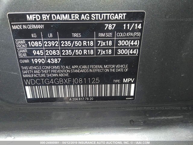 WDCTG4GBXFJ081125 - 2015 MERCEDES-BENZ GLA 250 4MATIC GRAY photo 9