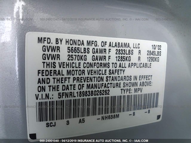 5FNRL18983B026262 - 2003 HONDA ODYSSEY EXL SILVER photo 9