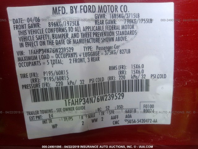 1FAHP34N76W239529 - 2006 FORD FOCUS ZX4 RED photo 9