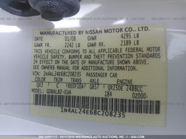 1N4AL24E68C208235 - 2008 NISSAN ALTIMA 2.5S WHITE photo 9