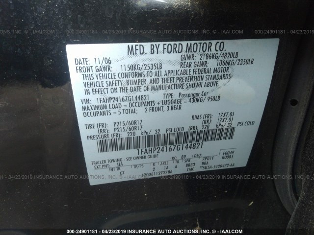 1FAHP24167G144821 - 2007 FORD FIVE HUNDRED SEL BLACK photo 9