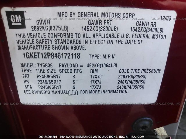 1GKET12P846172118 - 2004 GMC ENVOY XUV RED photo 9