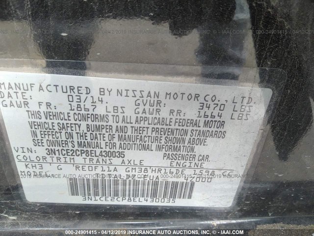 3N1CE2CP8EL430035 - 2014 NISSAN VERSA NOTE S/S PLUS/SV/SL BLACK photo 9