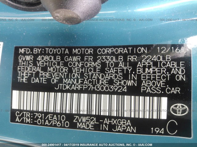 JTDKARFP7H3003924 - 2017 TOYOTA PRIUS PRIME  BLUE photo 9