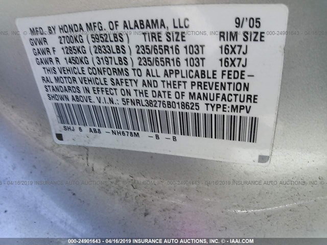 5FNRL38276B018625 - 2006 HONDA ODYSSEY LX GRAY photo 9