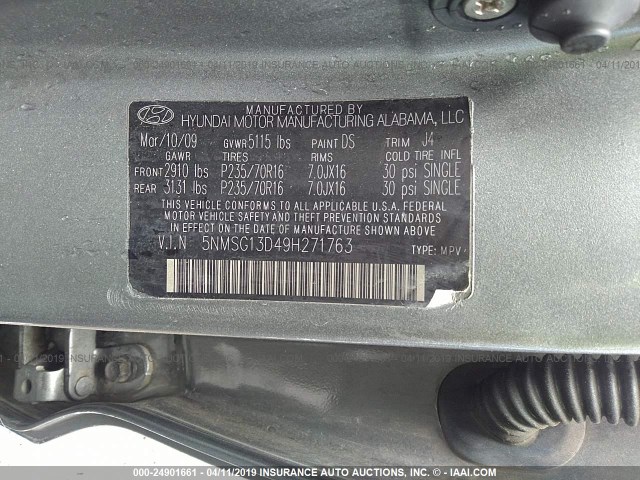 5NMSG13D49H271763 - 2009 HYUNDAI SANTA FE GLS GRAY photo 9