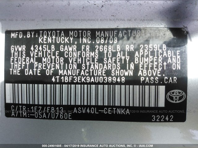 4T1BF3EK9AU038948 - 2010 TOYOTA CAMRY SE/LE/XLE SILVER photo 9