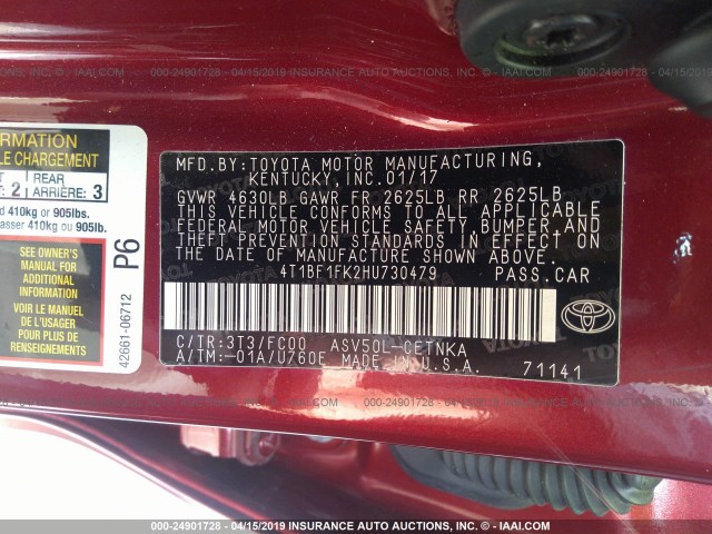 4T1BF1FK2HU730479 - 2017 TOYOTA CAMRY LE/XLE/SE/XSE RED photo 9