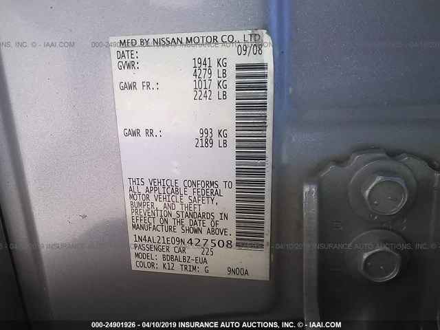 1N4AL21E09N427508 - 2009 NISSAN ALTIMA 2.5/2.5S GRAY photo 9