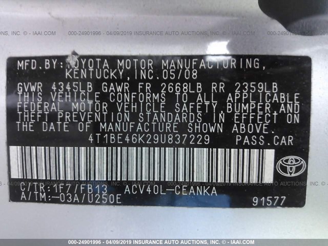 4T1BE46K29U837229 - 2009 TOYOTA CAMRY SE/LE/XLE SILVER photo 9