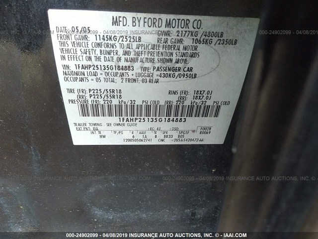 1FAHP25135G184883 - 2005 FORD FIVE HUNDRED LIMITED BLACK photo 9