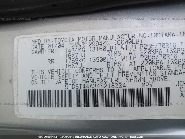 5TDBT44A34S218334 - 2004 TOYOTA SEQUOIA SR5 GRAY photo 9