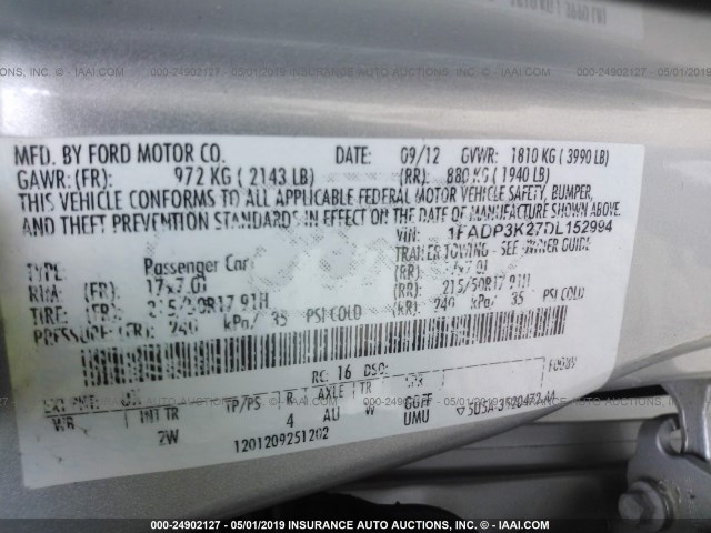 1FADP3K27DL152994 - 2013 FORD FOCUS SILVER photo 9