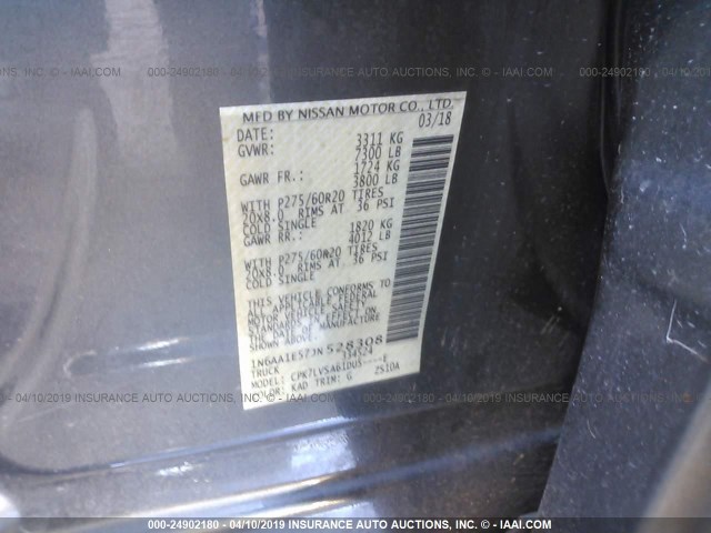 1N6AA1E57JN528308 - 2018 NISSAN TITAN SV/SL/PRO-4X/PLAT RES GRAY photo 9