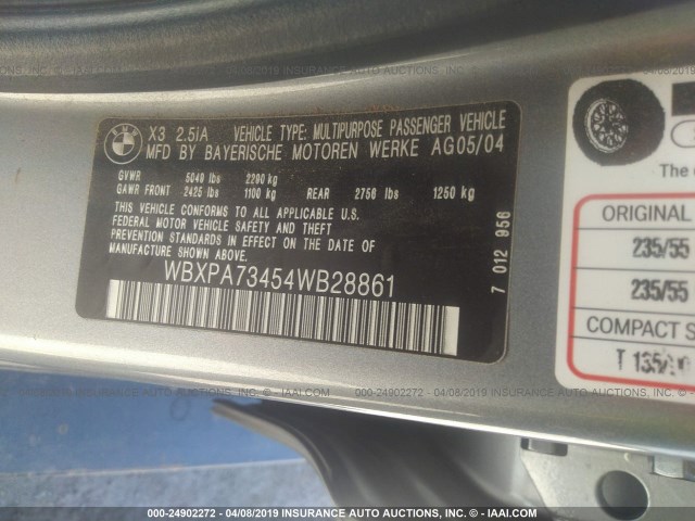 WBXPA73454WB28861 - 2004 BMW X3 2.5I SILVER photo 9