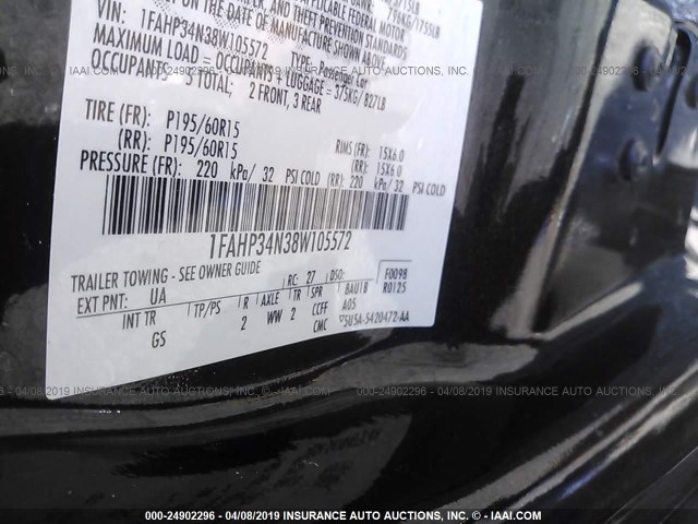 1FAHP34N38W105572 - 2008 FORD FOCUS S/SE BLACK photo 9