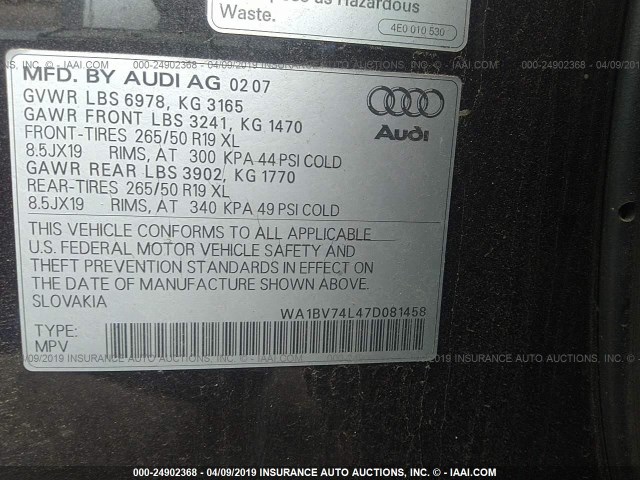 WA1BV74L47D081458 - 2007 AUDI Q7 4.2 QUATTRO PREMIUM BLACK photo 9