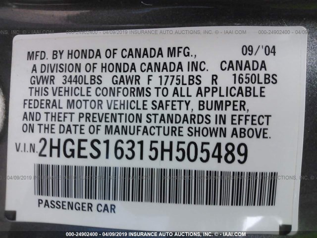 2HGES16315H505489 - 2005 HONDA CIVIC DX VP 灰色 照片 9
