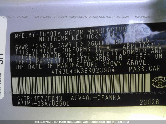 4T4BE46K38R023904 - 2008 TOYOTA CAMRY CE/LE/XLE/SE SILVER photo 9