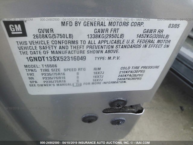 1GNDT13SX52316049 - 2005 CHEVROLET TRAILBLAZER LS/LT SILVER photo 9