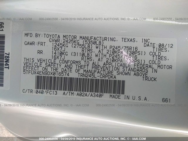 5TFUX4EN9DX016574 - 2013 TOYOTA TACOMA ACCESS CAB თეთრი ფოტო 9