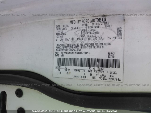 1FMEU62EX6UB73012 - 2006 FORD EXPLORER XLS WHITE photo 9