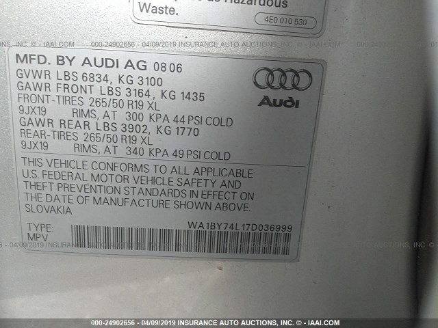 WA1BY74L17D036999 - 2007 AUDI Q7 3.6 QUATTRO PREMIUM SILVER photo 9