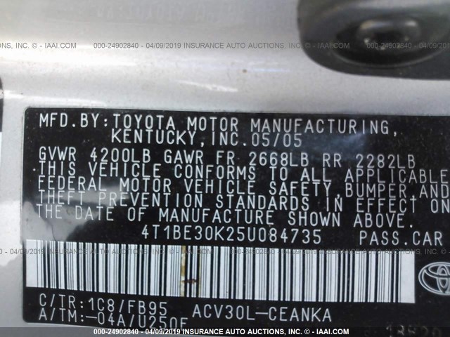 4T1BE30K25U084735 - 2005 TOYOTA CAMRY LE/XLE/SE SILVER photo 9