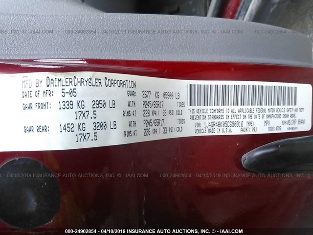 1J4GR48K05C690916 - 2005 JEEP GRAND CHEROKEE LAREDO/COLUMBIA/FREEDOM 红色 照片 9