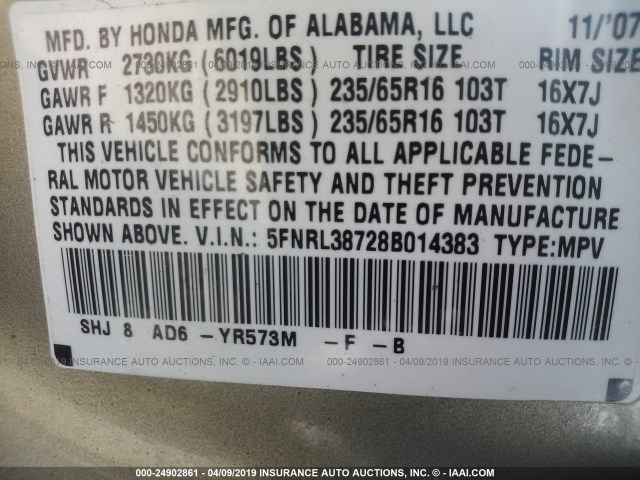 5FNRL38728B014383 - 2008 HONDA ODYSSEY EXL TAN photo 9