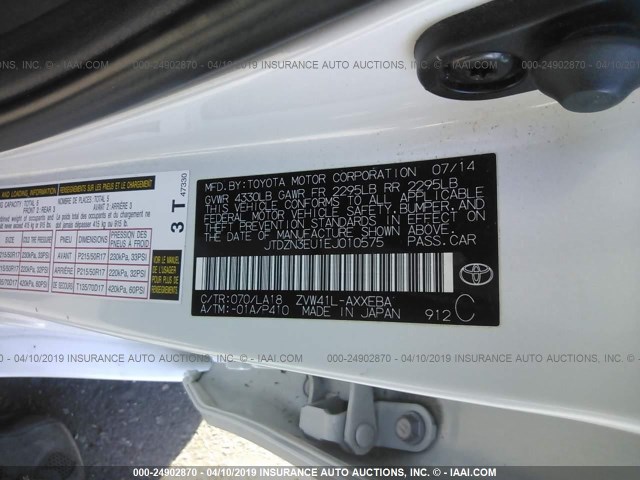 JTDZN3EU1EJ010575 - 2014 TOYOTA PRIUS V WHITE photo 9