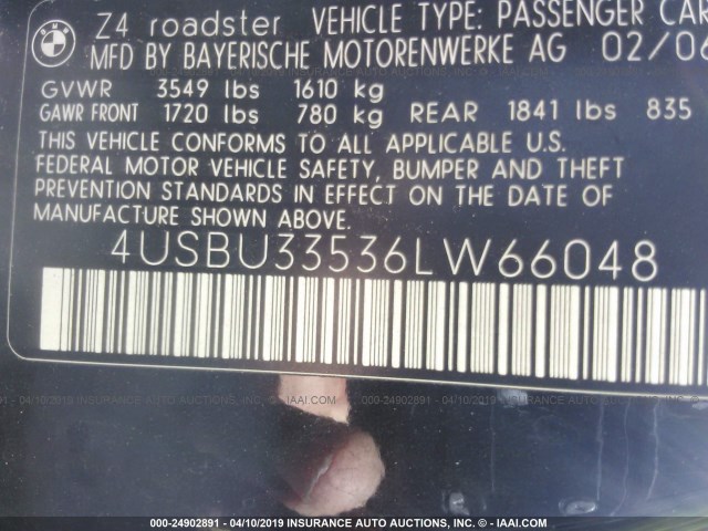4USBU33536LW66048 - 2006 BMW Z4 3.0 BLACK photo 9