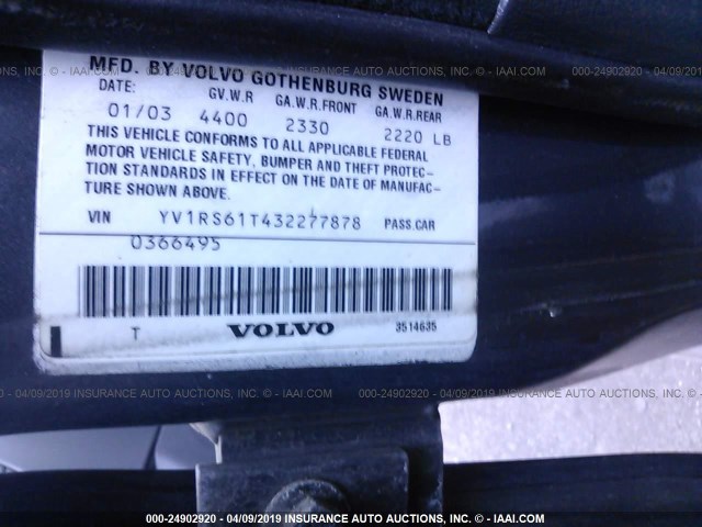 YV1RS61T432277878 - 2003 VOLVO S60 GRAY photo 9