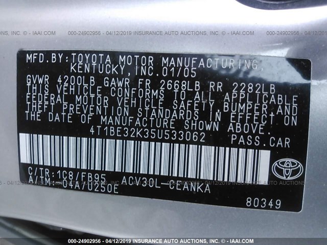 4T1BE32K35U533062 - 2005 TOYOTA CAMRY LE/XLE/SE SILVER photo 9