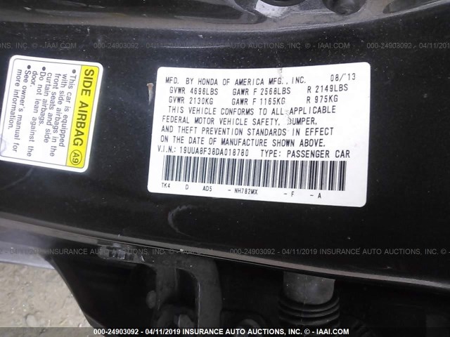 19UUA8F38DA018780 - 2013 ACURA TL SE GRAY photo 9