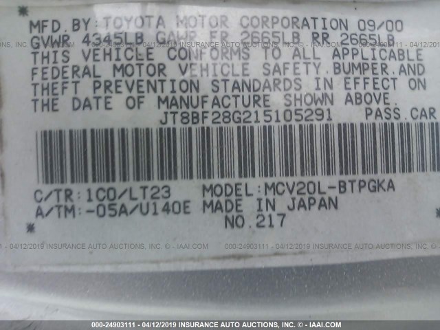 JT8BF28G215105291 - 2001 LEXUS ES 300 GRAY photo 9