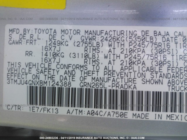 3TMJU4GNXBM124388 - 2011 TOYOTA TACOMA DOUBLE CAB PRERUNNER SILVER photo 9