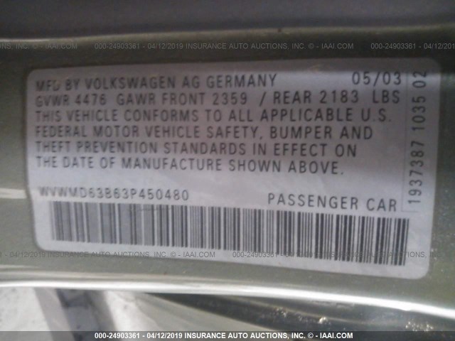 WVWMD63B63P450480 - 2003 VOLKSWAGEN PASSAT GL GREEN photo 9