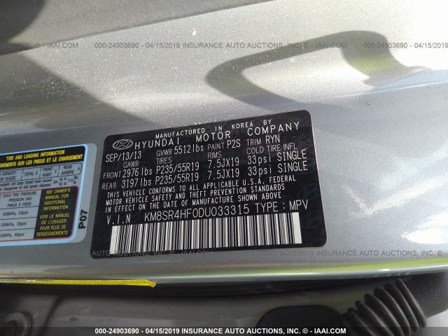 KM8SR4HF0DU033315 - 2013 HYUNDAI SANTA FE LIMITED SILVER photo 9