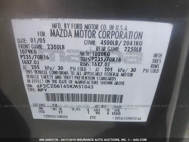 4F2CZ06145KM51043 - 2005 MAZDA TRIBUTE S GRAY photo 9