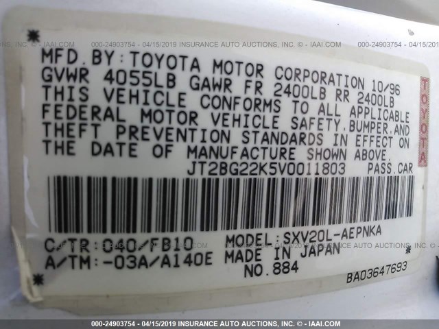 JT2BG22K5V0011803 - 1997 TOYOTA CAMRY LE/XLE Weiß Foto 9